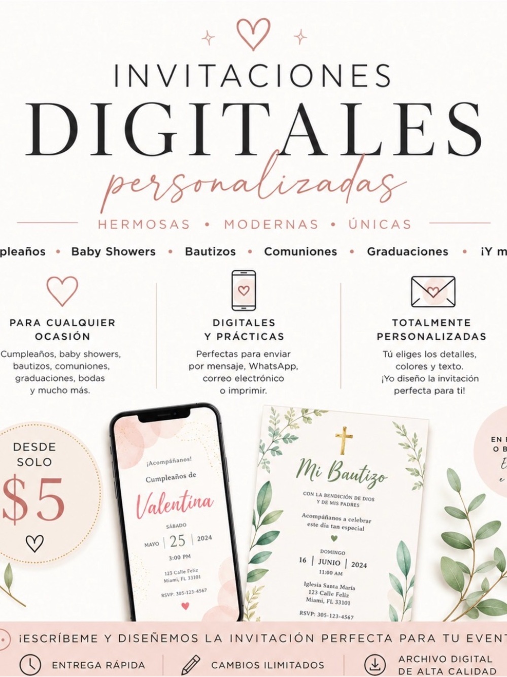 Personalized Digital Invitations Pack - Blush Pink